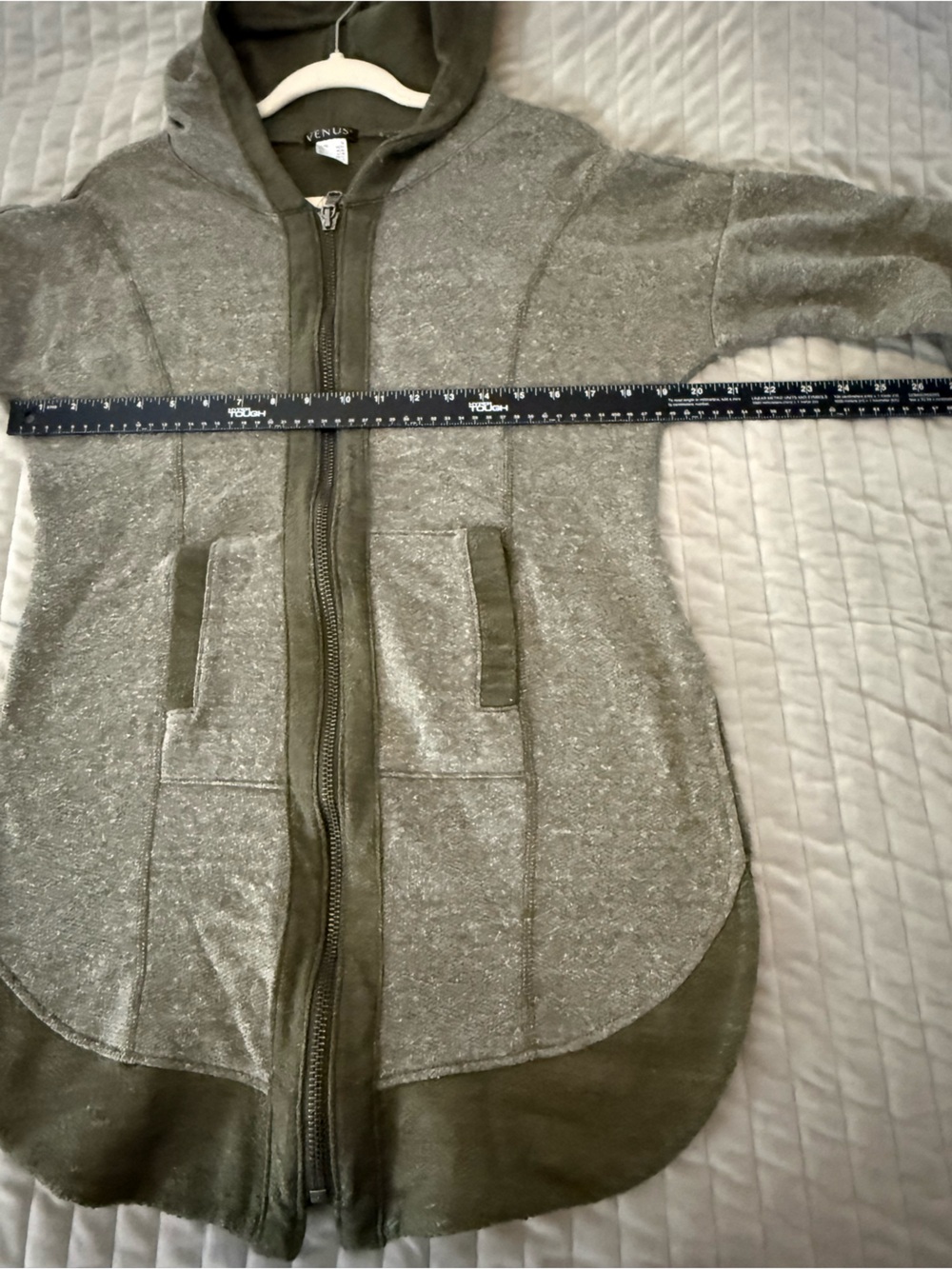 VENUS Olive Green Burnout Zip Up Hoodie Jacket Womens Medium Curved Hem - Picture 4 of 8